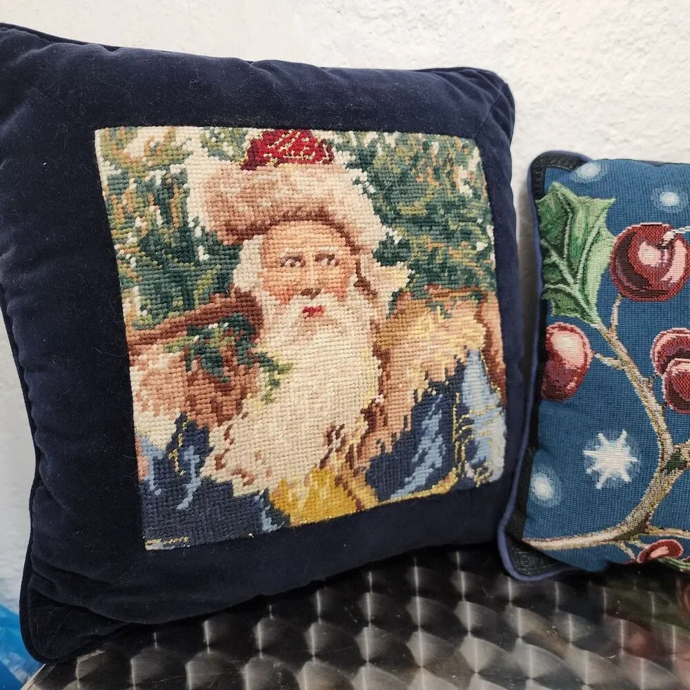 Vintage Christmas Needlepoint Throw Pillows Set 2 Santa Claus Velvet Back Blue